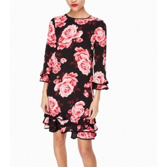 Kate Spade New York Black Pink Rambling Roses Rosa Ruffle Shift Dress Size S - Picture 1 of 5